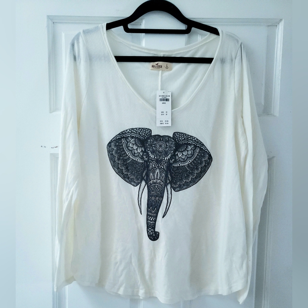 NEW Hollister Elephant Long Sleeves T-shirt Top Hand Drawn Style Size L